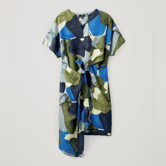 COS Abstract Printed Linen Lyocell Dress W/t Pocket Wrap Tie Front Sz 2 - 19"ptp - Picture 2 of 14
